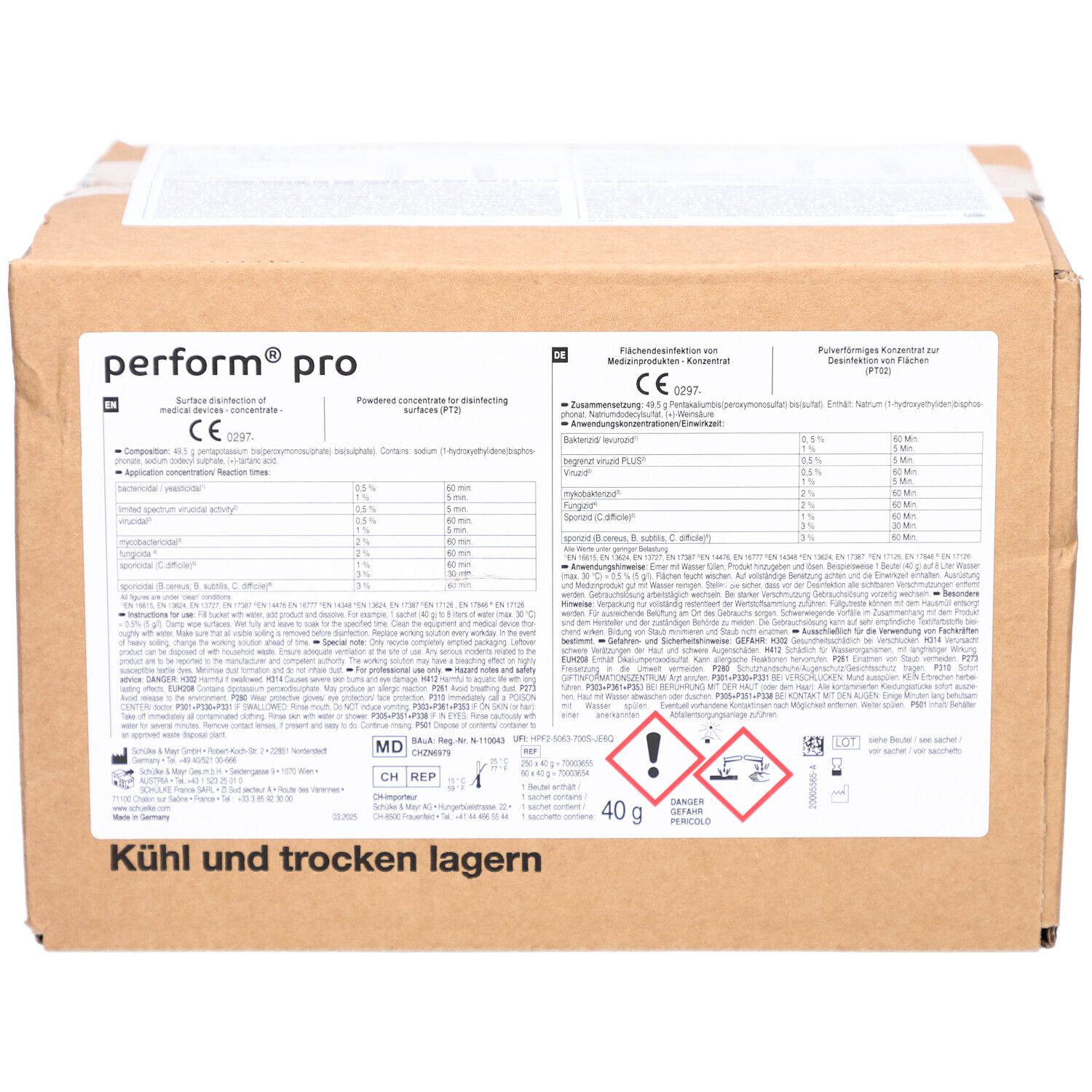 Boîte avec informations produit Schülke perform pro. Contient ingrédients détaillés et avertissements. Marquage CE.