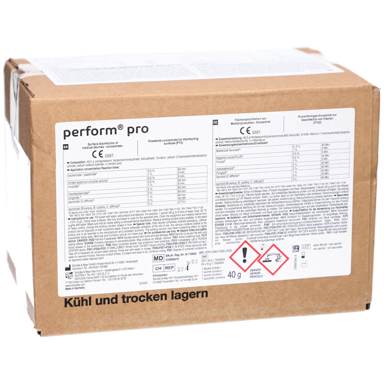 Boîte avec informations produit Schülke perform pro. Contient ingrédients détaillés et avertissements. Marquage CE.