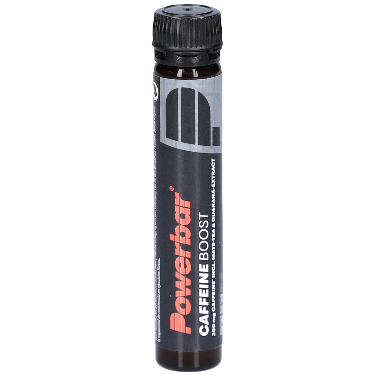 Ampoule avec bouchon noir. Inscription Powerbar Caffeine Boost. Contient du thé maté et de l'extrait de guarana.