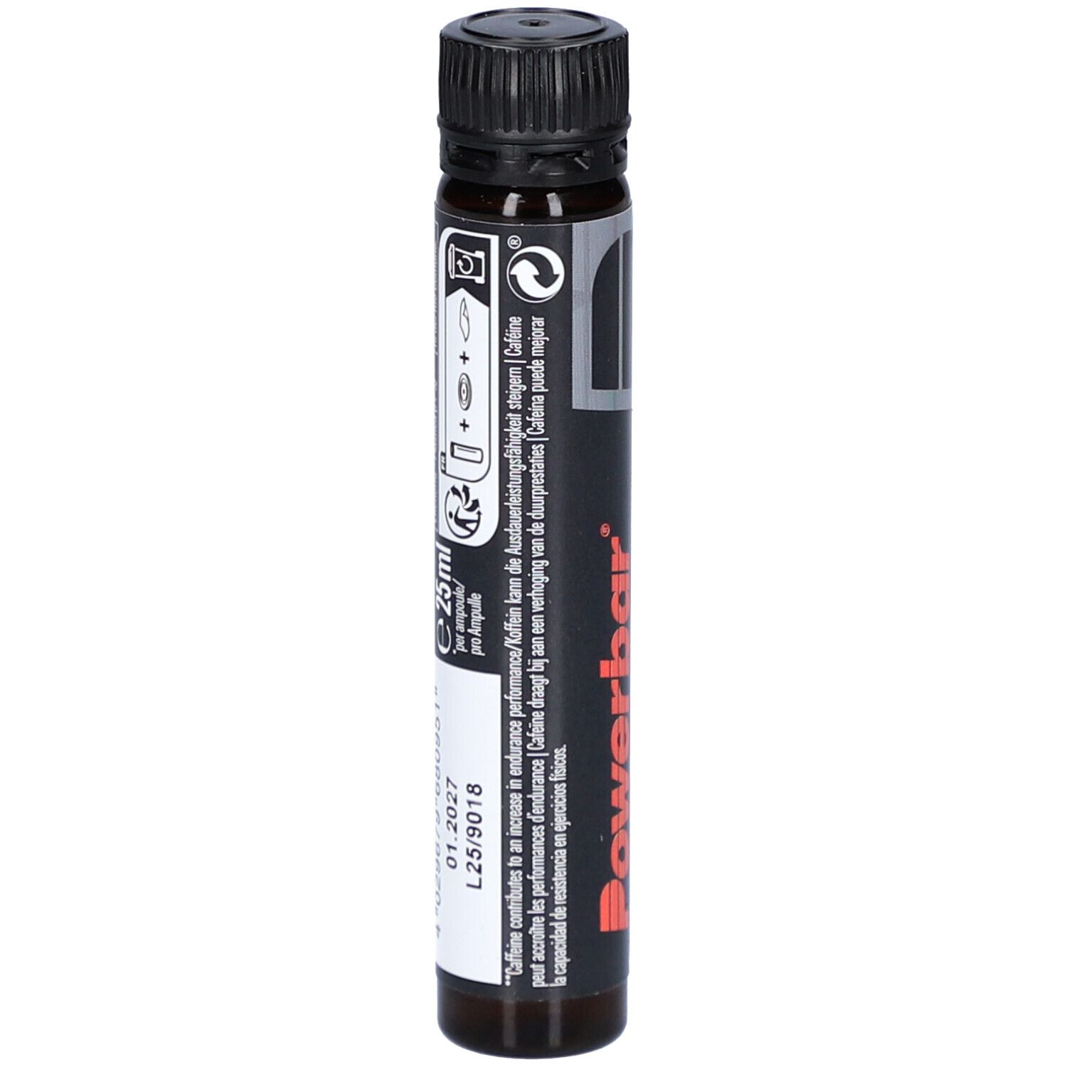 Ampoule avec bouchon noir. Inscription Powerbar. Contient des informations sur l'utilisation et les ingrédients.