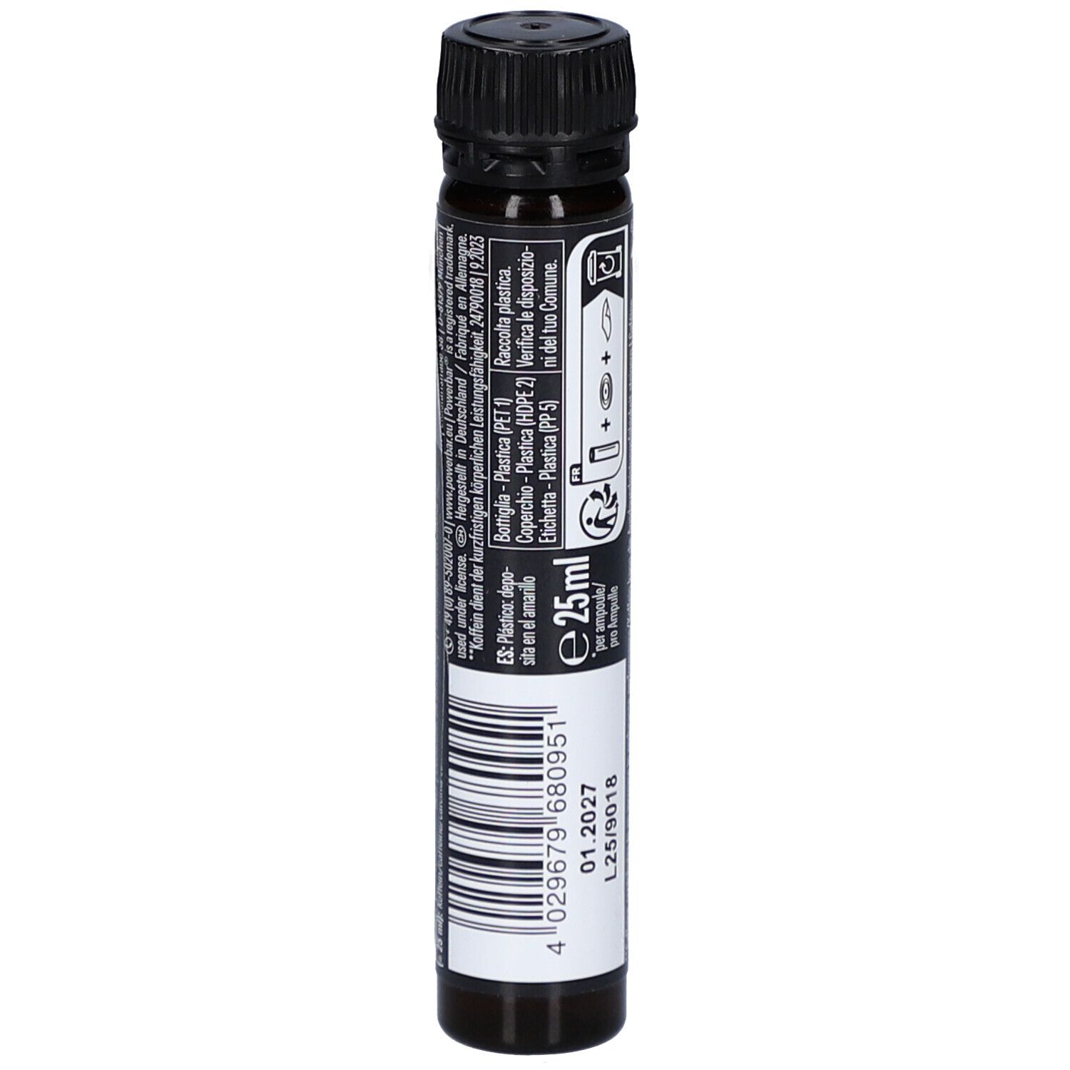 Ampoule avec bouchon noir. Contient des informations sur l'élimination et les ingrédients. E25ml.