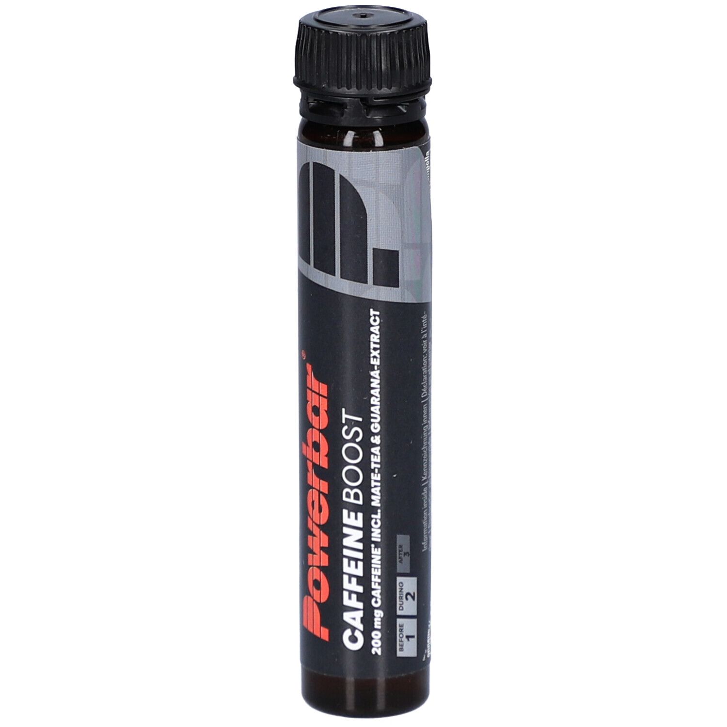 Ampoule avec bouchon noir. Inscription Powerbar Caffeine Boost. Contient du thé maté et de l'extrait de guarana. 25 ml.