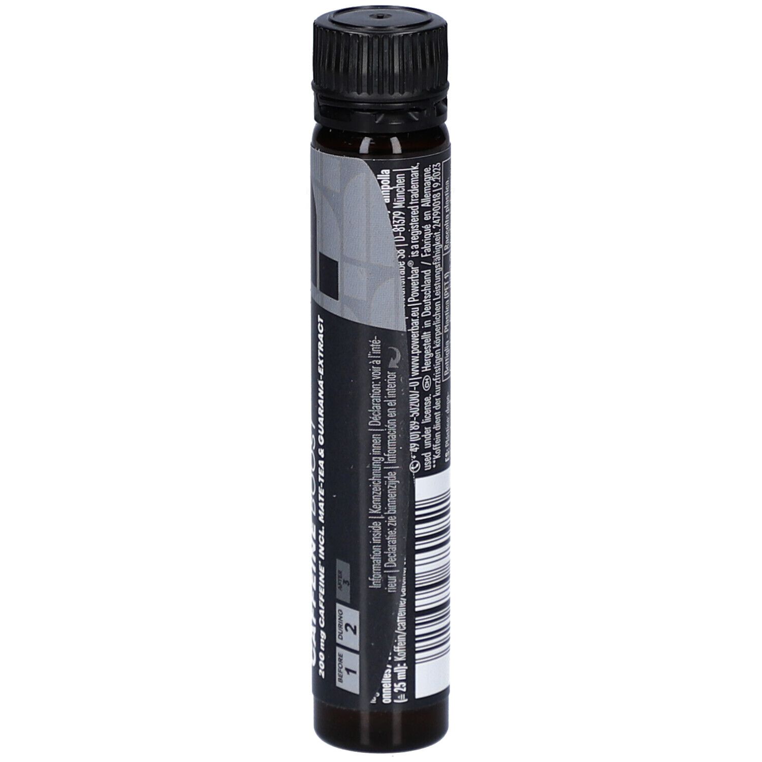 Ampoule avec bouchon noir. Inscription Powerbar Caffeine Boost. Contient du thé maté et de l'extrait de guarana. 25 ml.
