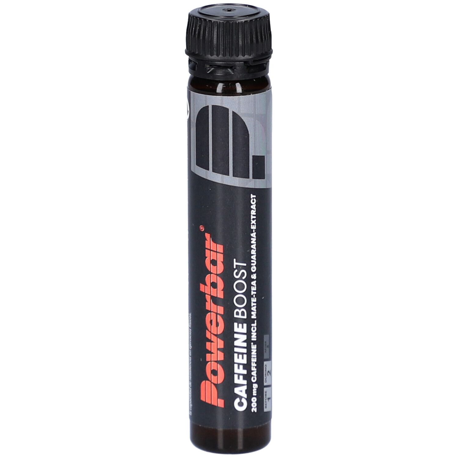 Ampoule avec bouchon noir. Inscription Powerbar Caffeine Boost. Contient du thé maté et de l'extrait de guarana.