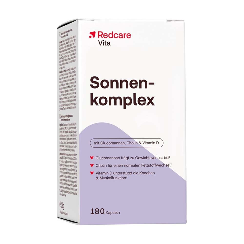 Boîte blanche de gélules. Inscription: Redcare Vita Sonnenkomplex avec Glucomannane, Choline & Vitamine D. 180 gélules.