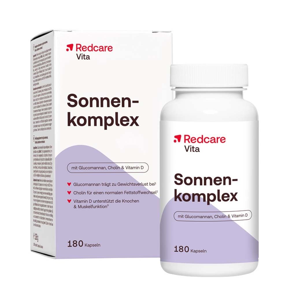 Emballage produit avec flacon et boîte. Inscription: Redcare Vita Sonnenkomplex avec Glucomannane, Choline & Vitamine D. 180 gélules.