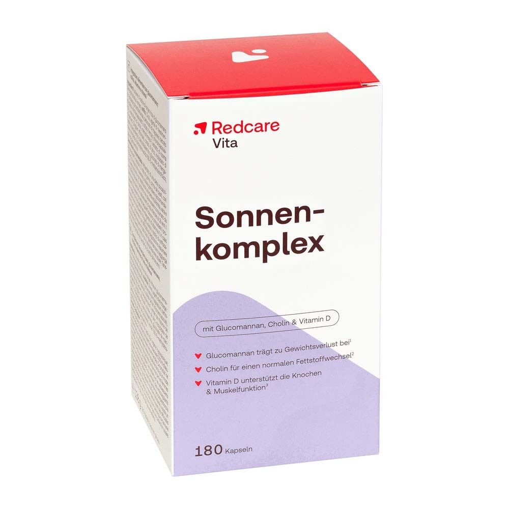 Boîte blanche avec 'Redcare Vita Sonnenkomplex'. 180 gélules. Couvercle rouge.