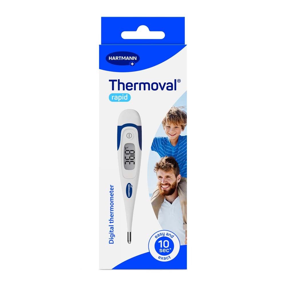 Thermomètre numérique avec capuchon bleu et embout métallique.