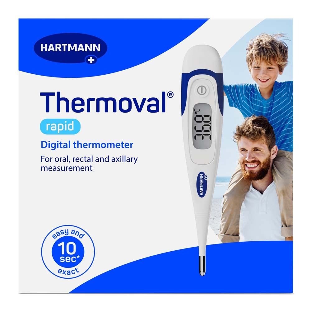 Thermomètre numérique avec capuchon bleu et embout métallique.