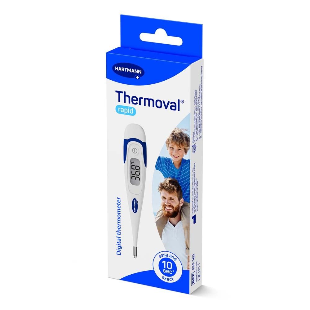 Thermomètre numérique avec capuchon bleu et embout métallique.