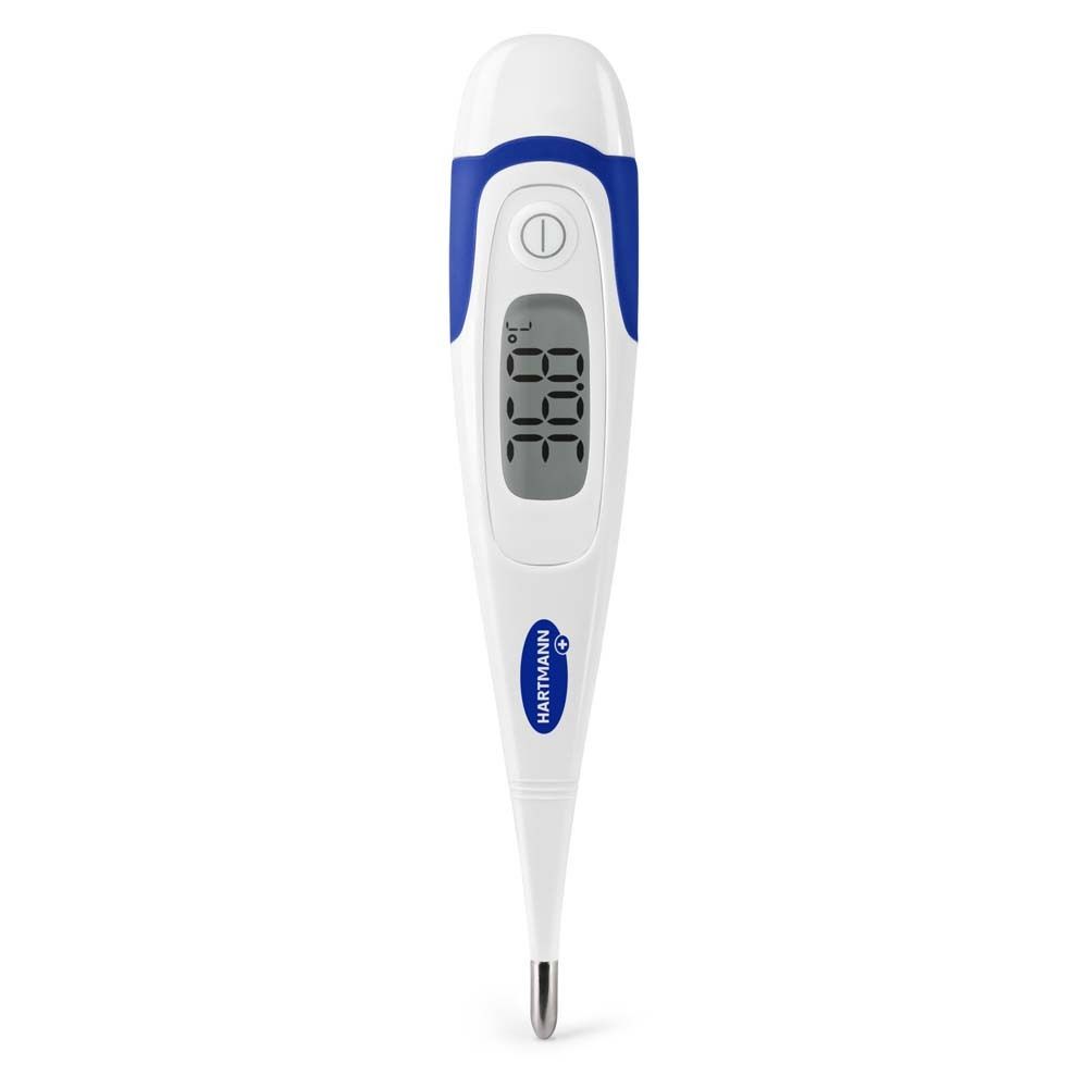 Thermomètre numérique avec écran et accents bleus. Affiche 36.6°C.
