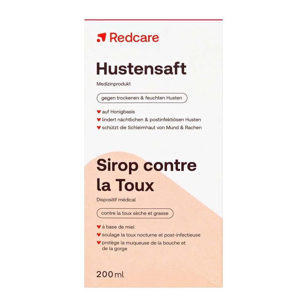 Emballage Redcare Hustensaft. Blanc avec nom du produit, ingrédients et logo. Flacon non représenté.