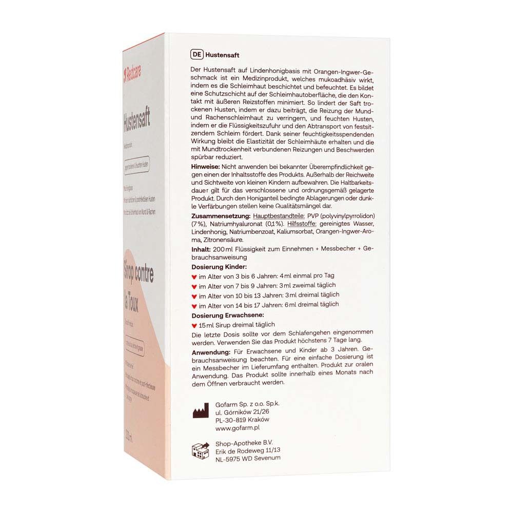 Dos de l'emballage Redcare Hustensaft. Texte en allemand avec ingrédients et posologie.