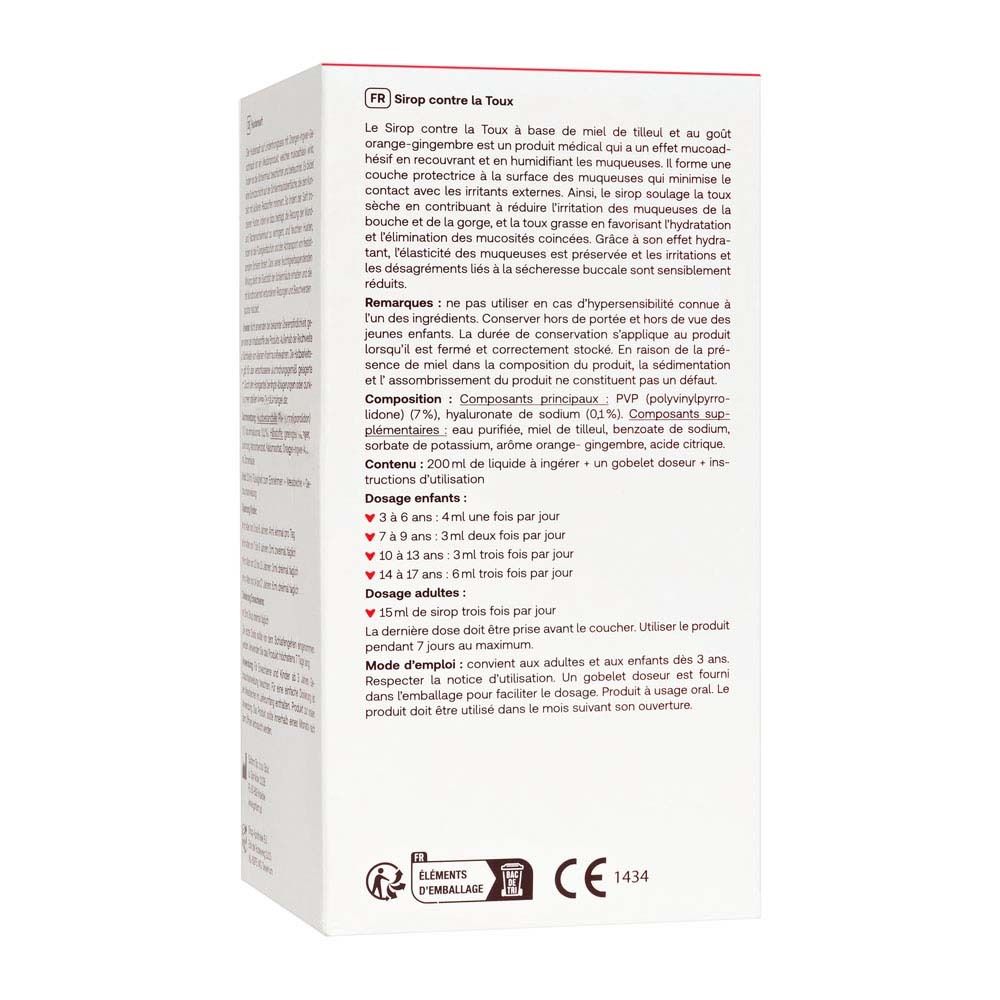 Dos de l'emballage Redcare Hustensaft. Texte en français avec ingrédients et posologie.