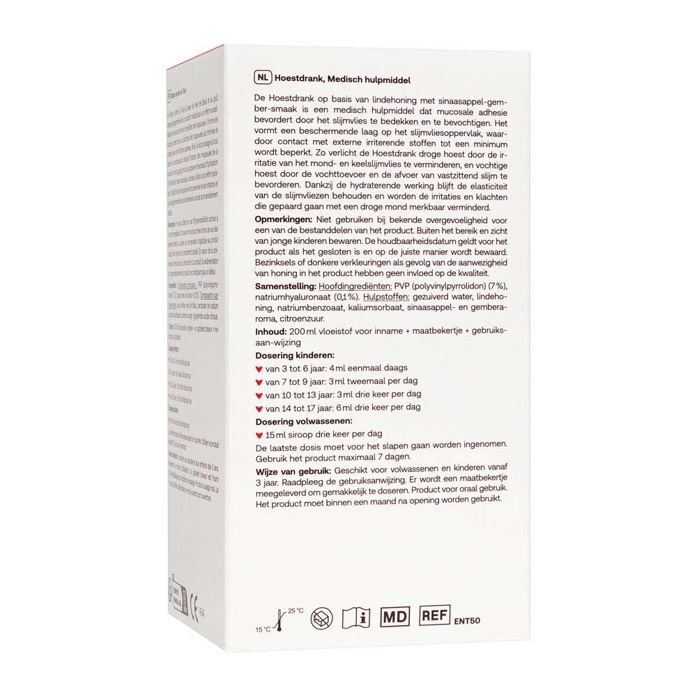 Dos de l'emballage Redcare Hustensaft. Texte en néerlandais avec ingrédients et posologie.