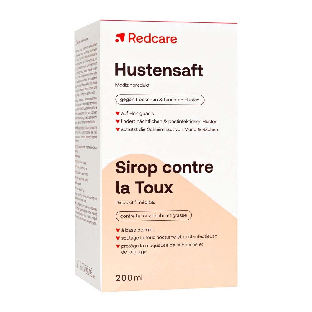 Emballage Redcare Hustensaft. Blanc avec nom du produit, ingrédients et logo. Flacon non représenté.