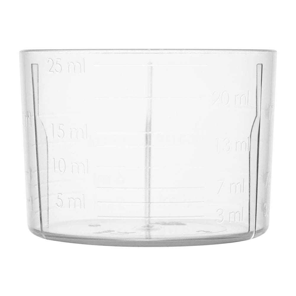Gobelet doseur transparent avec graduations en ml. Échelle de 3 ml à 25 ml.