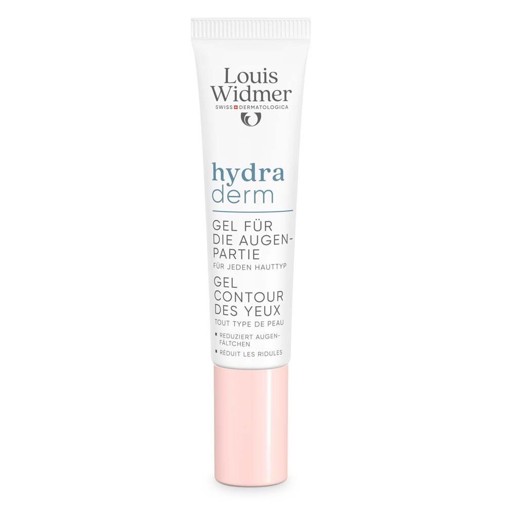Tube blanc et rose de gel pour les yeux. Inscription : Louis Widmer, hydra derm, Gel contour des yeux. Bouchon rose.