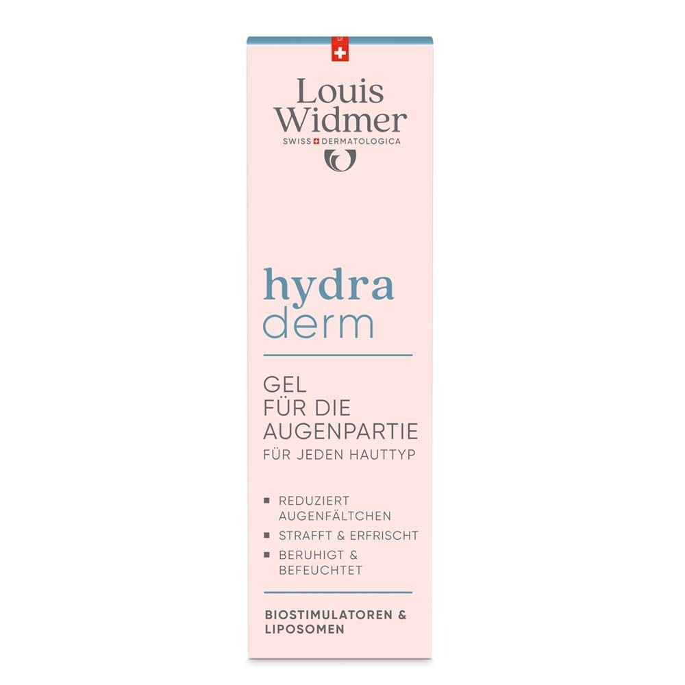 Emballage rose avec informations sur le produit. Inscription : Louis Widmer, hydra derm, Gel contour des yeux. Réduit les ridules.