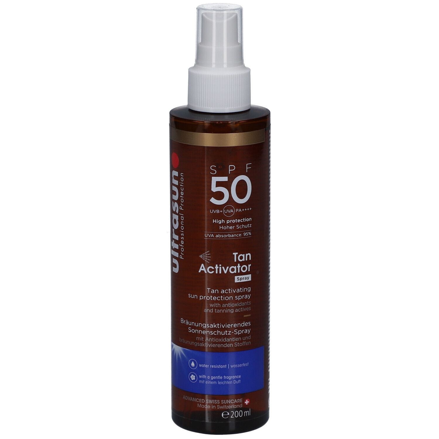 Ultrasun Tan Activator Spray SPF 50. Flacon marron avec vaporisateur blanc. Texte: SPF 50, Tan Activator Spray, spray solaire. 200ml.