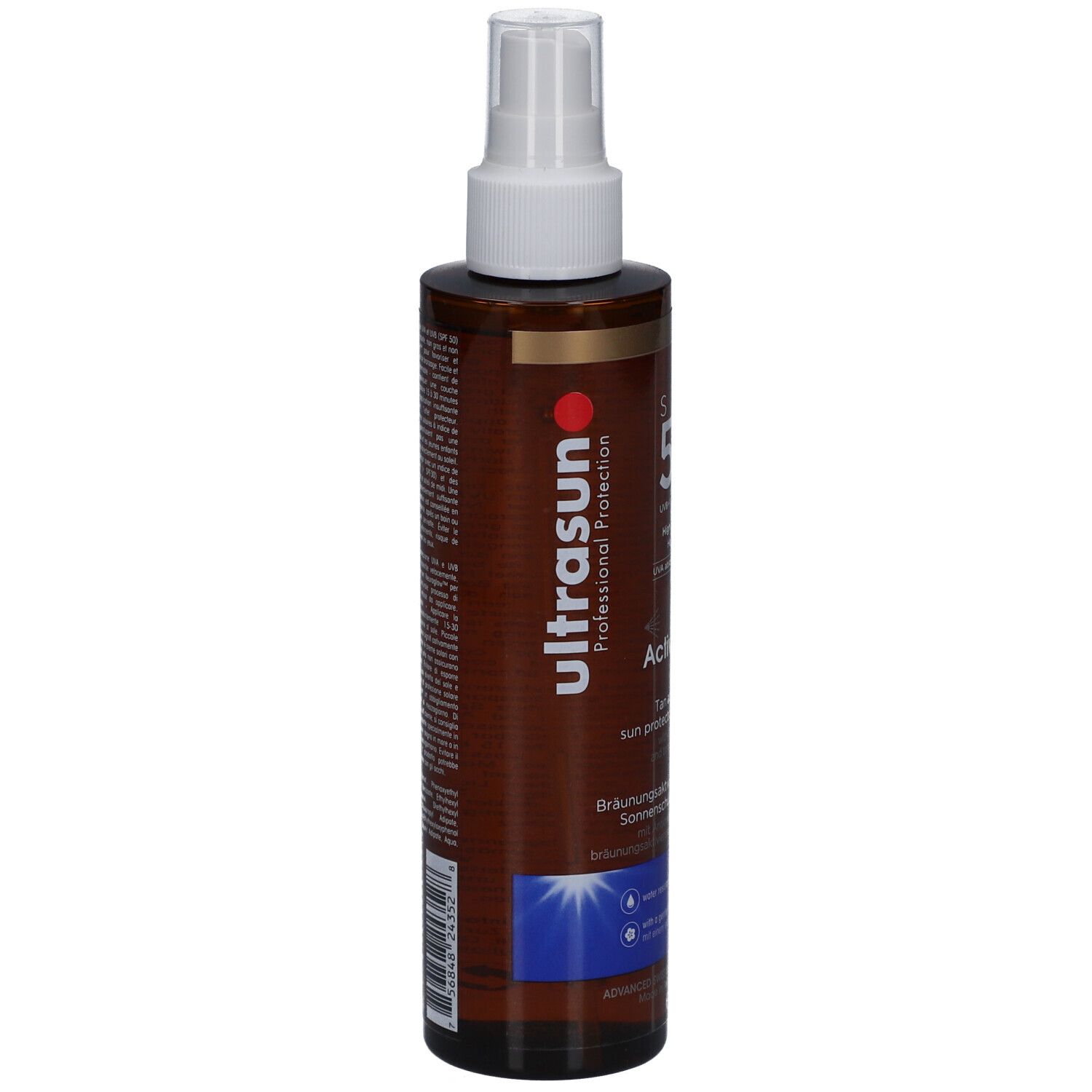 Ultrasun Tan Activator Spray SPF 50. Flacon marron avec vaporisateur blanc. Texte sur le côté. 200ml.