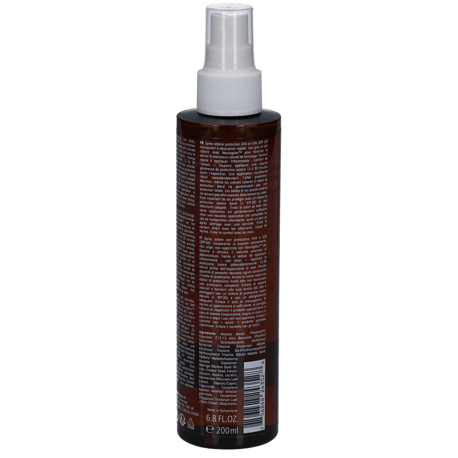Dos du flacon Ultrasun Tan Activator Spray SPF 50. Flacon marron avec texte. 200ml.