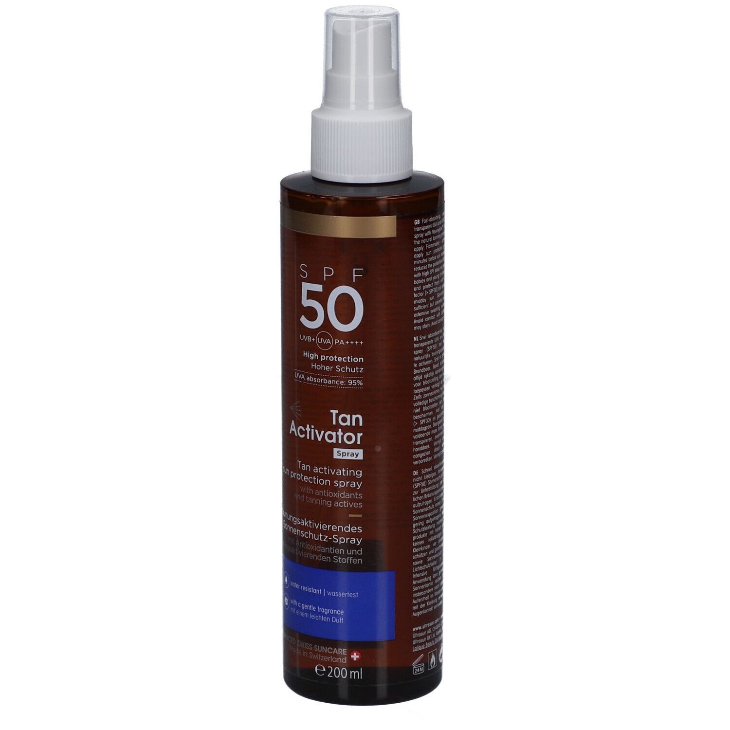 Ultrasun Tan Activator Spray SPF 50. Flacon marron avec vaporisateur blanc. Texte: SPF 50, Tan Activator Spray, spray solaire. 200ml.