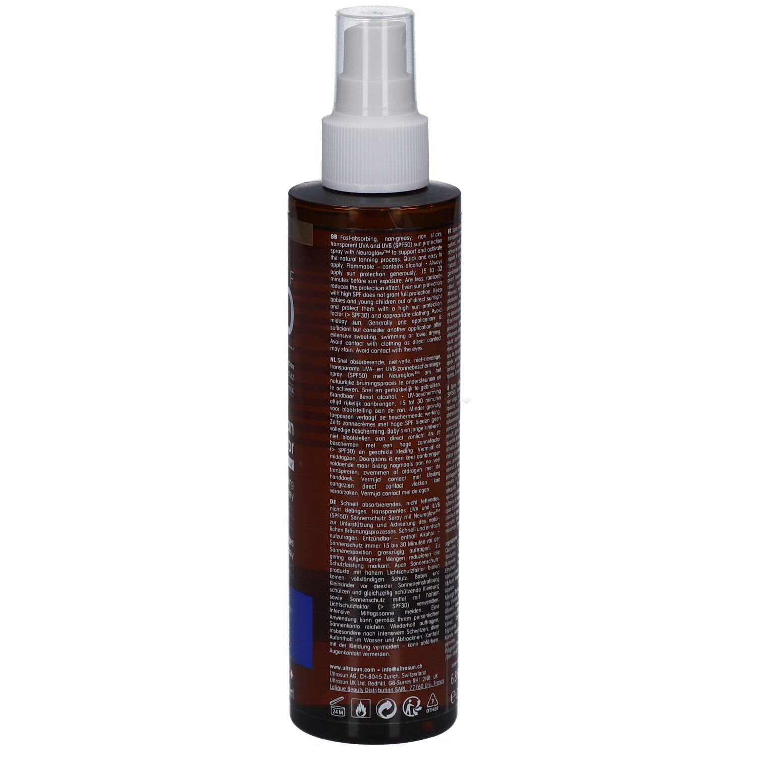 Dos du flacon Ultrasun Tan Activator Spray SPF 50. Flacon marron avec texte. 200ml.