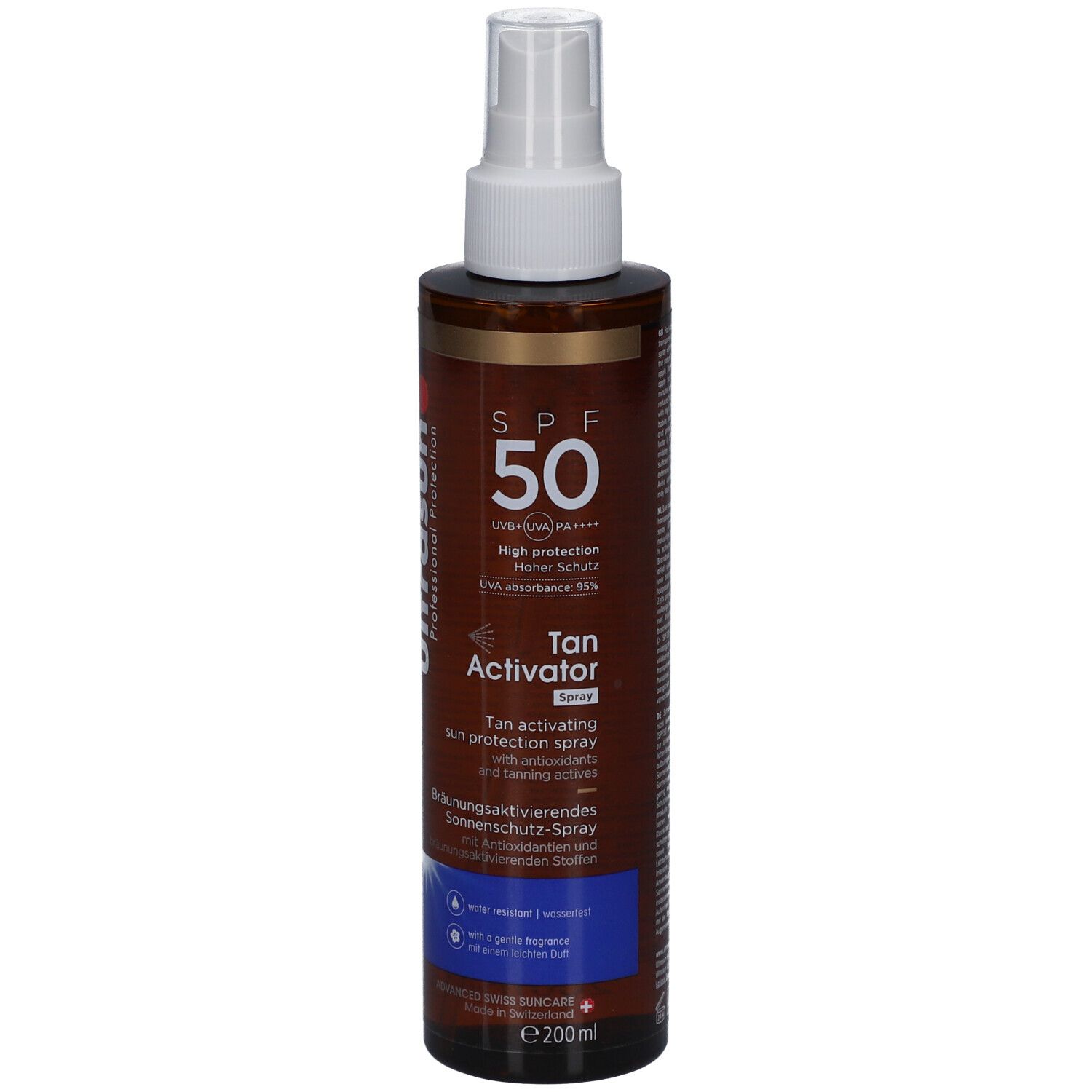 Ultrasun Tan Activator Spray SPF 50. Flacon marron avec vaporisateur blanc. Texte: SPF 50, Tan Activator Spray, spray solaire. 200ml.