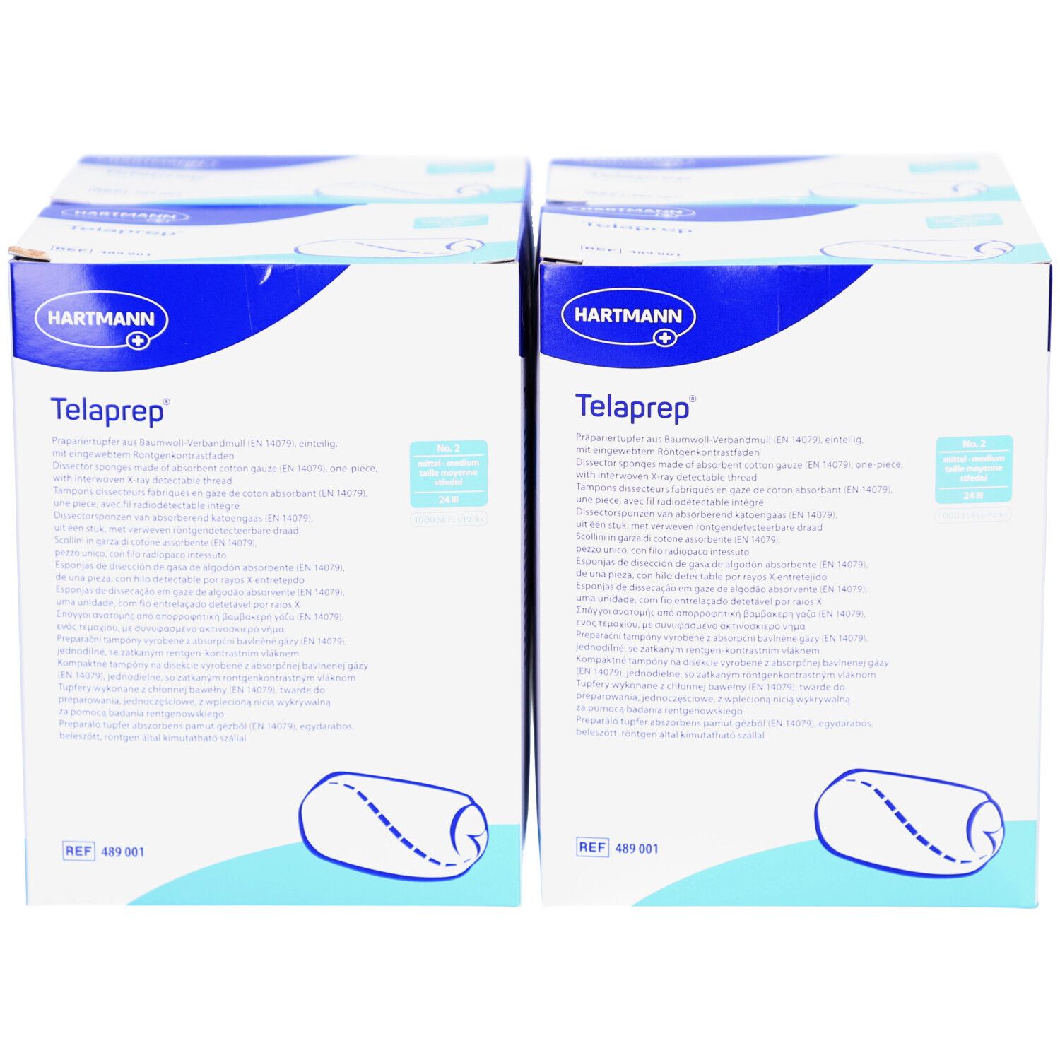 Deux boîtes Telaprep. Emballage bleu avec informations produit et logo Hartmann. Représentation d'un tampon roulé.