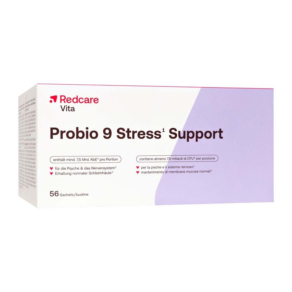 Emballage de Redcare Vita Probio 9 Stress¹ Support. 56 sachets. Blanc, violet et rouge.