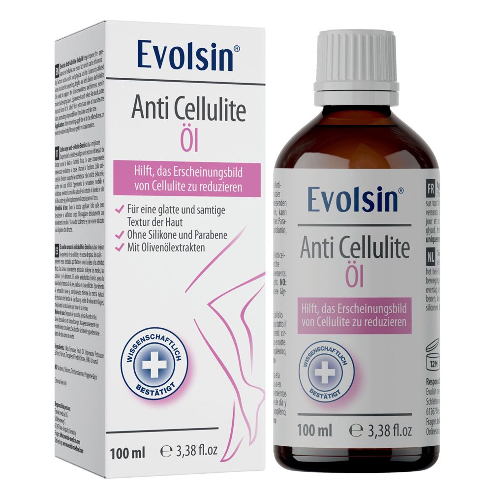 Flacon et boîte d'huile anti-cellulite Evolsin, 100 ml.