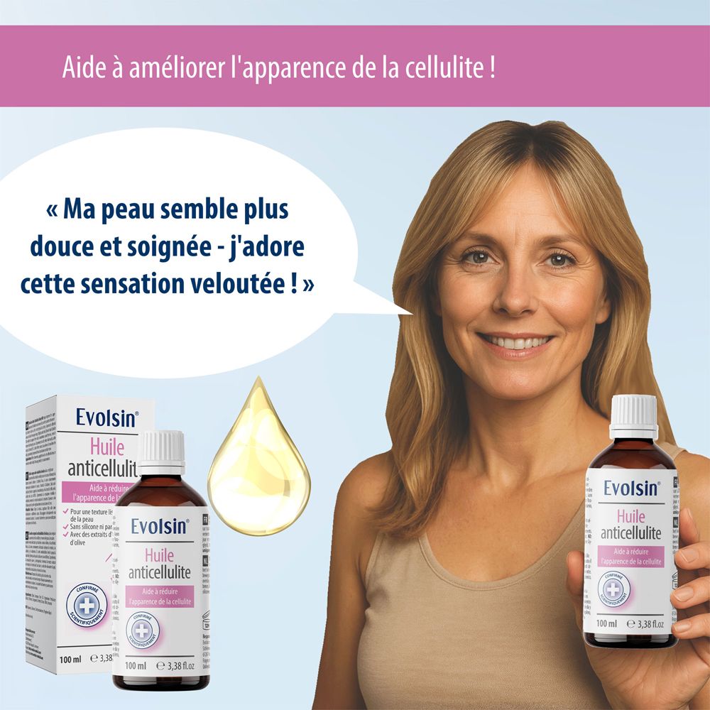 Femme avec huile anti-cellulite Evolsin et témoignage positif sur la peau.