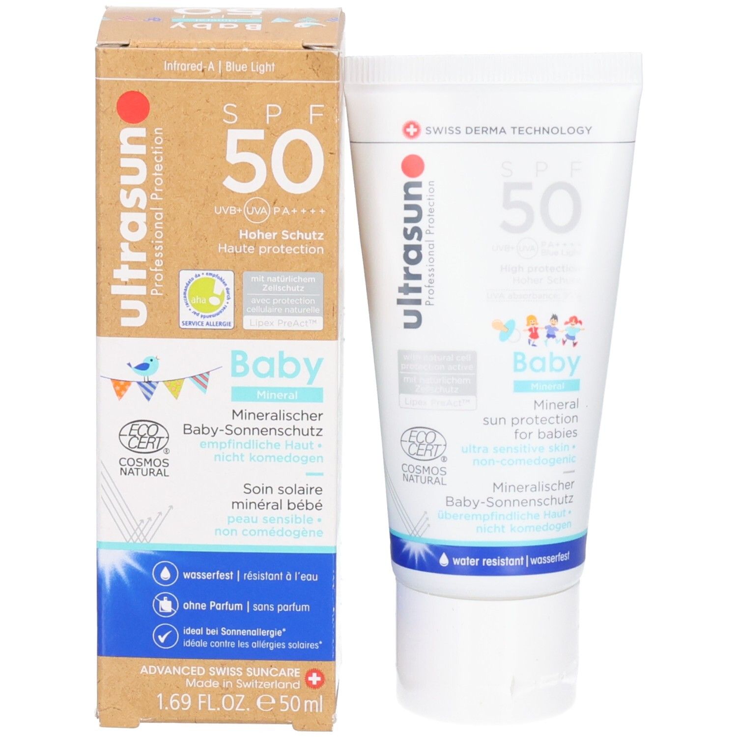 Emballage du produit avec tube et carton. Inscription: ultrasun, Baby, SPF 50. Certification COSMOS NATURAL.
