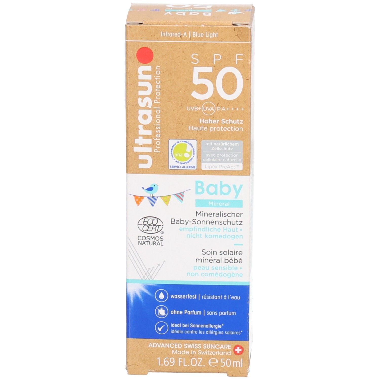 Emballage en carton. Inscription: ultrasun, Baby, SPF 50. Certification COSMOS NATURAL. Ingrédients et texte.