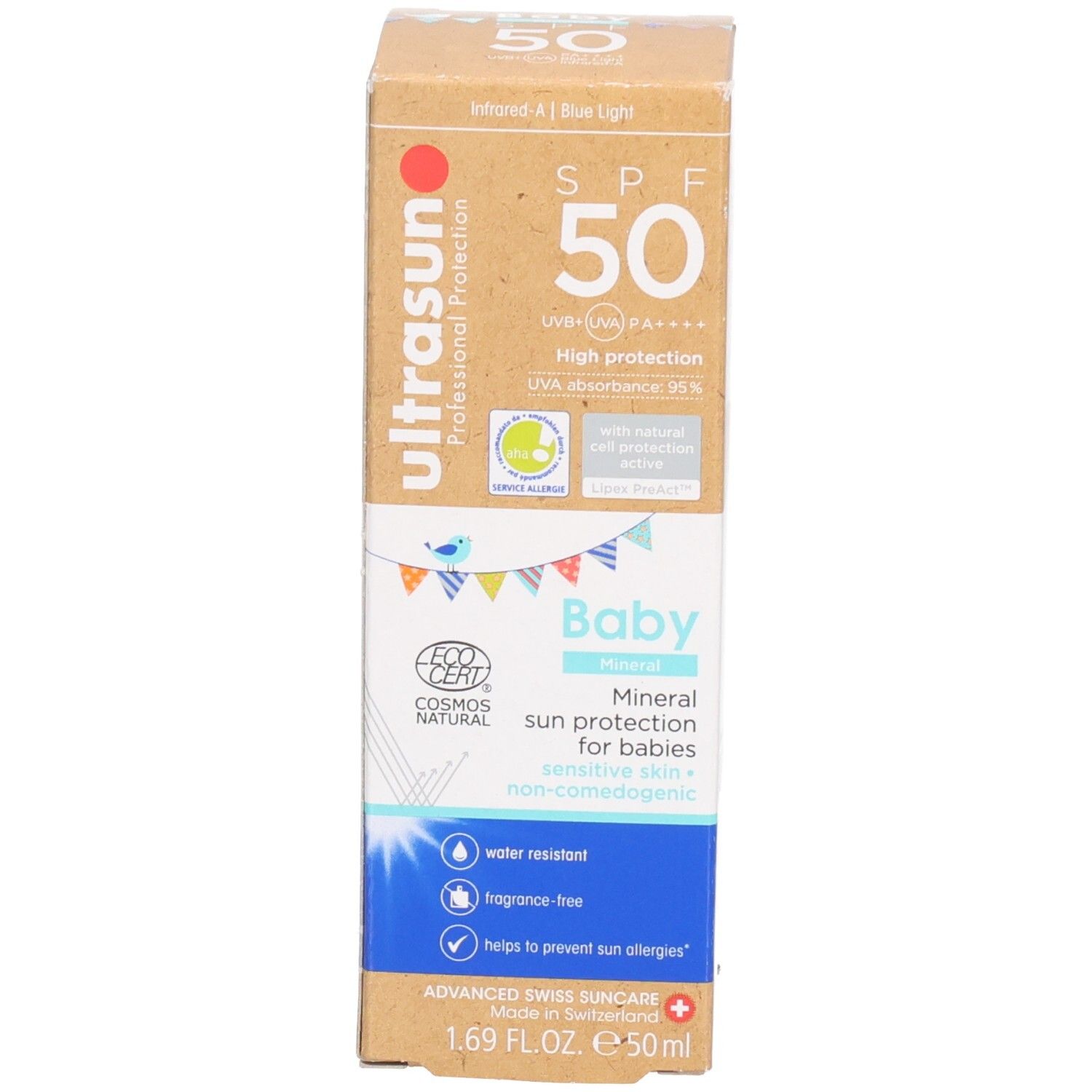 Emballage en carton. Inscription: ultrasun, Baby, SPF 50. Certifications et informations sur le produit.