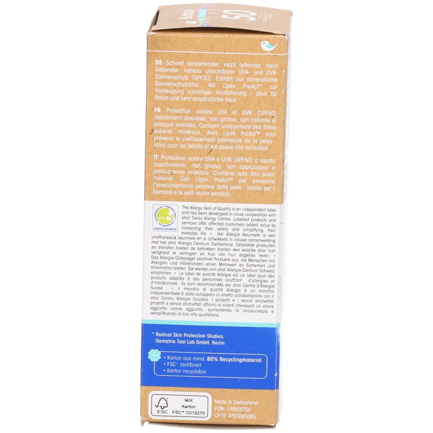Vue latérale de l'emballage en carton. Texte en plusieurs langues. Certifications et informations.