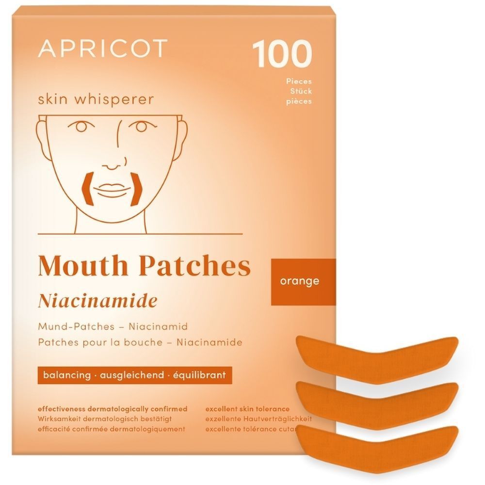 APRICOT Mouth Patches Niacinamide : Boîte de 100 pièces et trois patchs orange.
