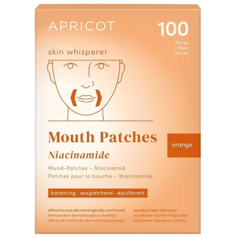 APRICOT Mouth Patches Niacinamide : Face avant de la boîte de 100 pièces avec illustration schématique.