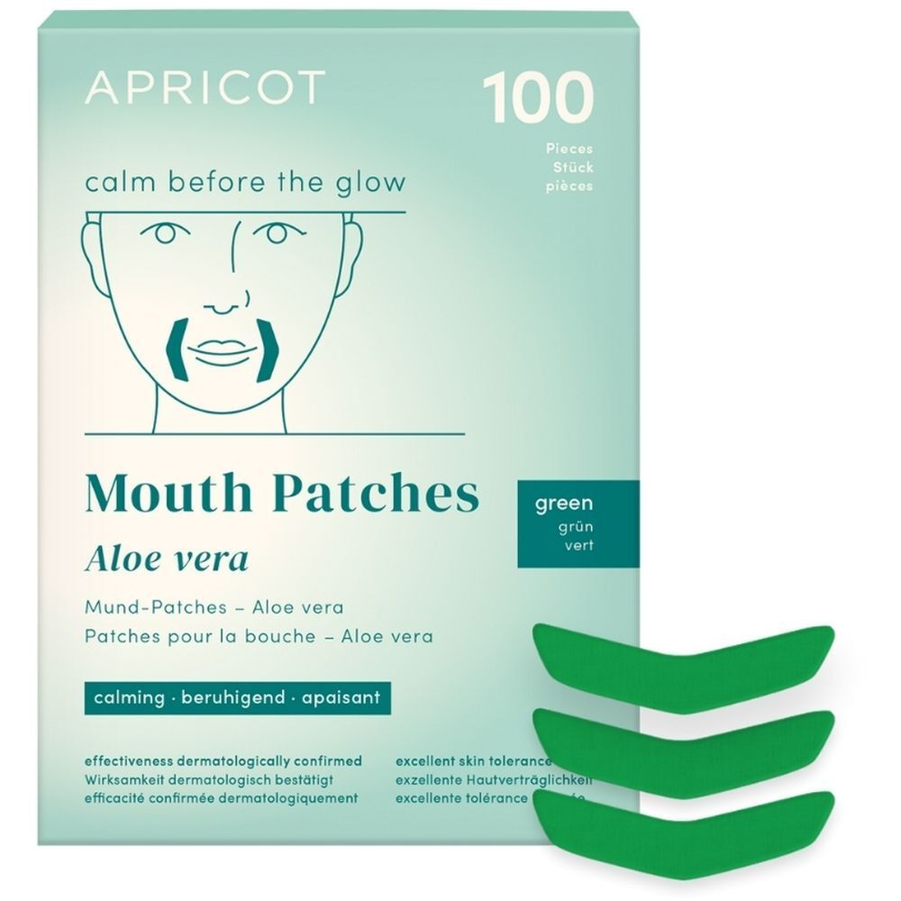 Boîte de patchs buccaux APRICOT à l'aloe vera. 100 pièces. Vert. Inscription : Mouth Patches, Aloe Vera.