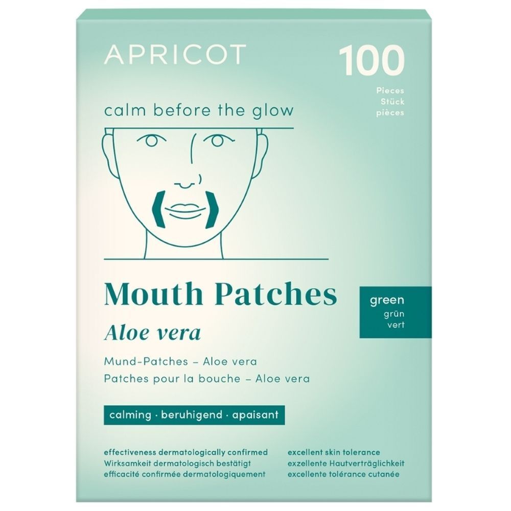 Boîte de patchs buccaux APRICOT à l'aloe vera. 100 pièces. Vert. Inscription : Mouth Patches, Aloe Vera.