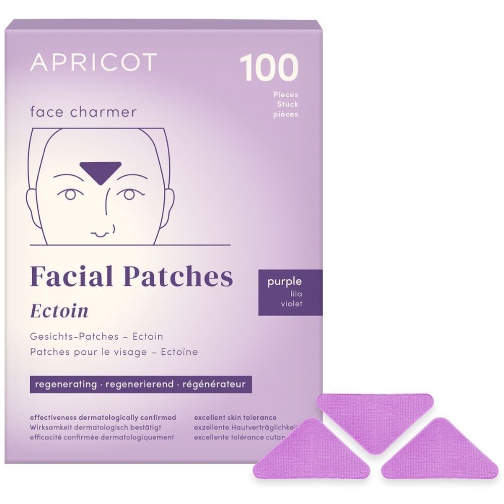 Boîte de 100 patchs faciaux APRICOT violets avec Ectoin. Patchs triangulaires et nom du produit.
