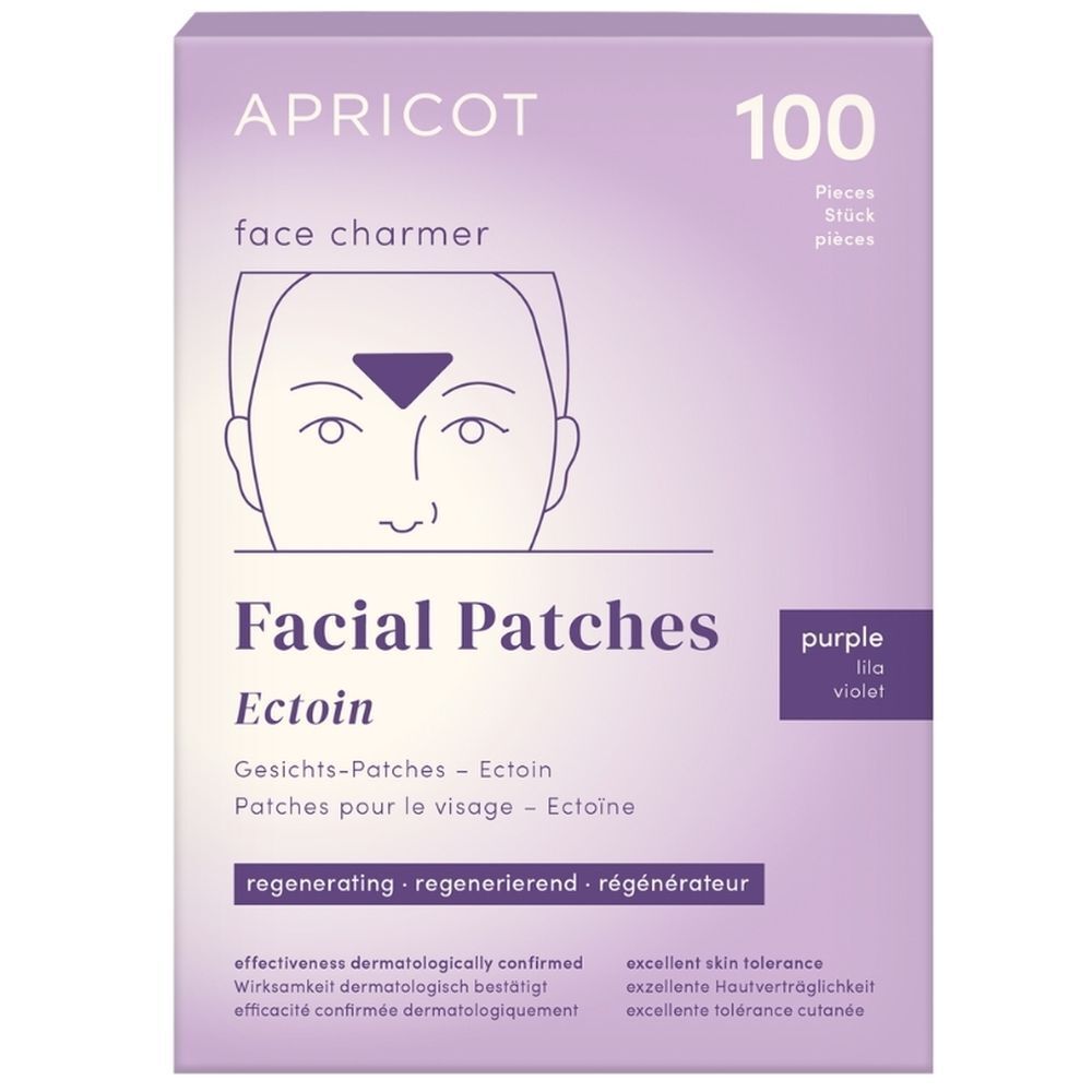 Boîte de 100 patchs faciaux APRICOT avec Ectoin. Emballage violet avec nom et description du produit.