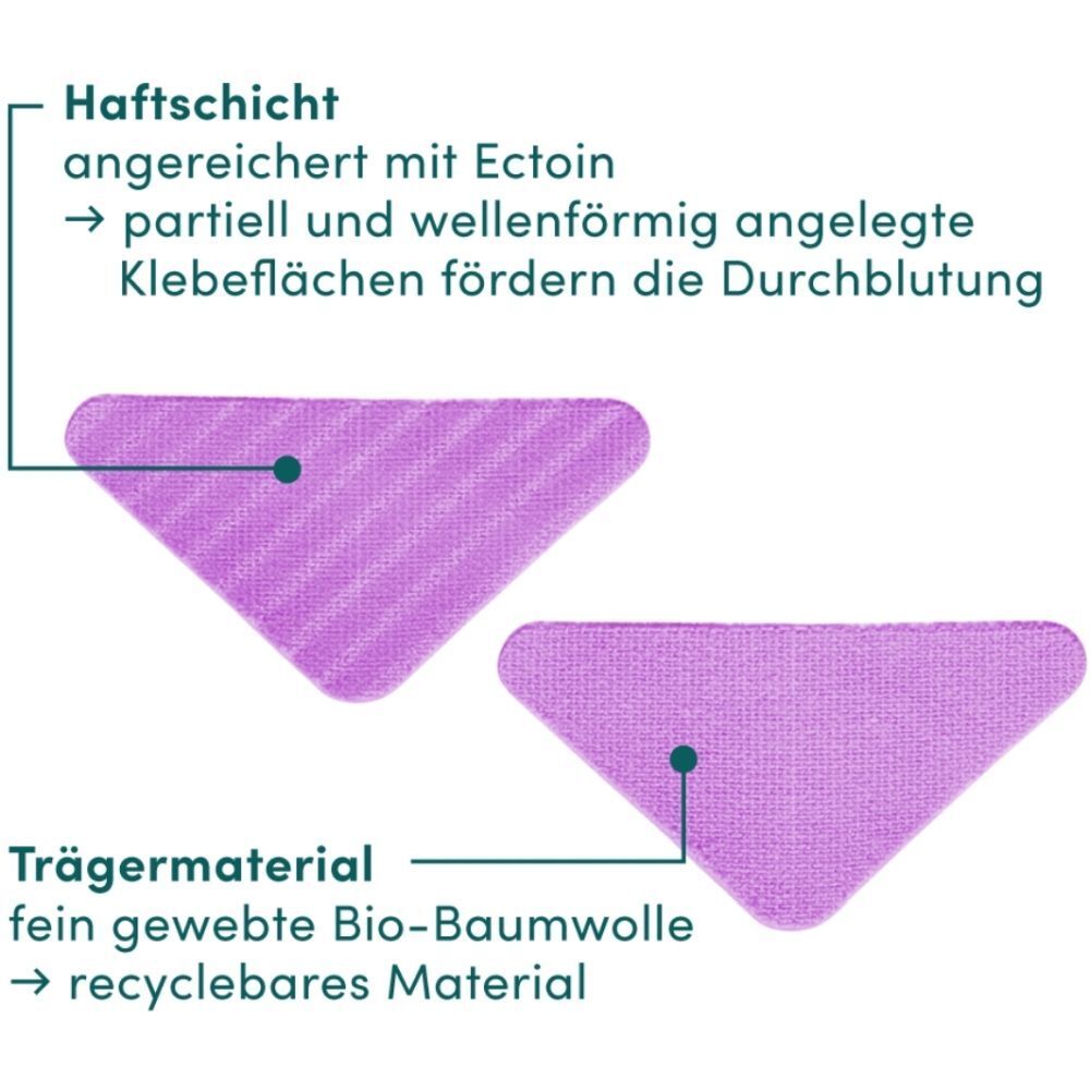 Gros plan de deux patchs faciaux. Texte : couche adhésive avec Ectoin, matériau de support coton bio.