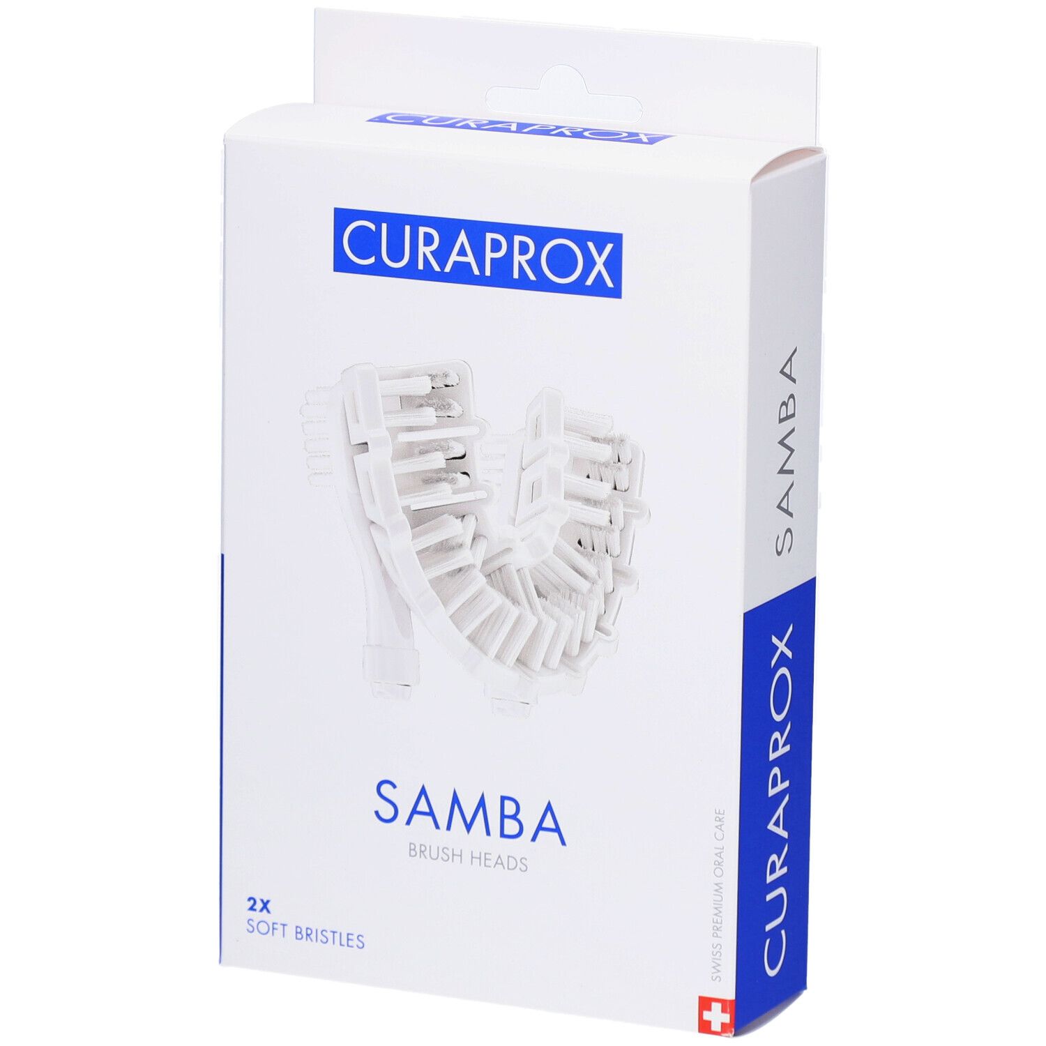 Emballage de têtes de brosse de remplacement. Inscriptions : CURAPROX, SAMBA, 2x Soft Bristles.