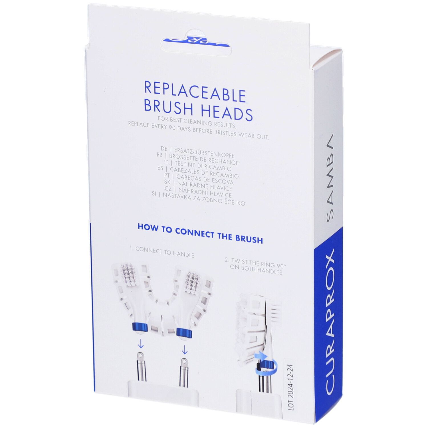 Dos de l'emballage avec instructions. Inscriptions : REPLACEABLE BRUSH HEADS, SAMBA, CURAPROX.
