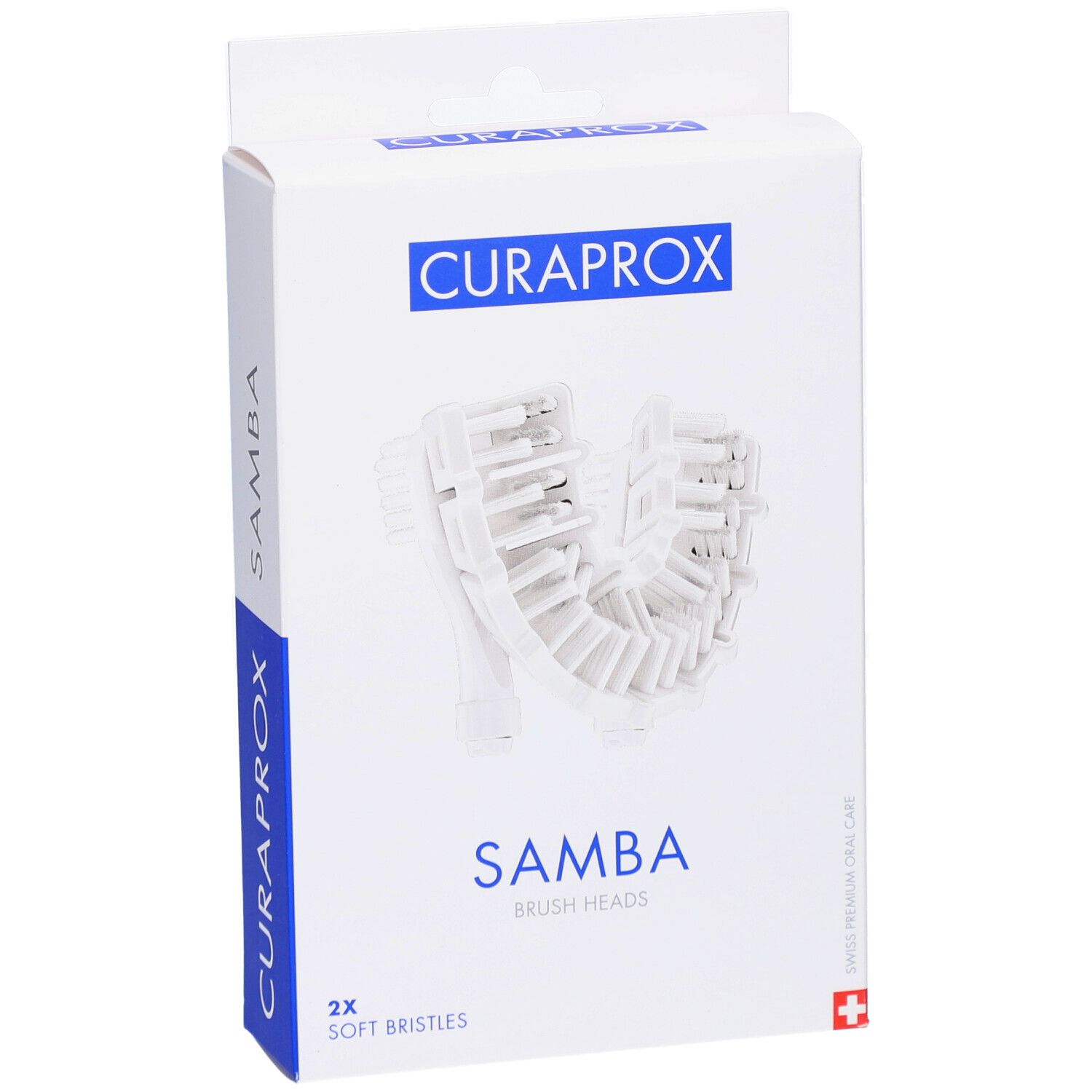 Emballage de têtes de brosse de remplacement. Inscriptions : CURAPROX, SAMBA, 2x Soft Bristles.