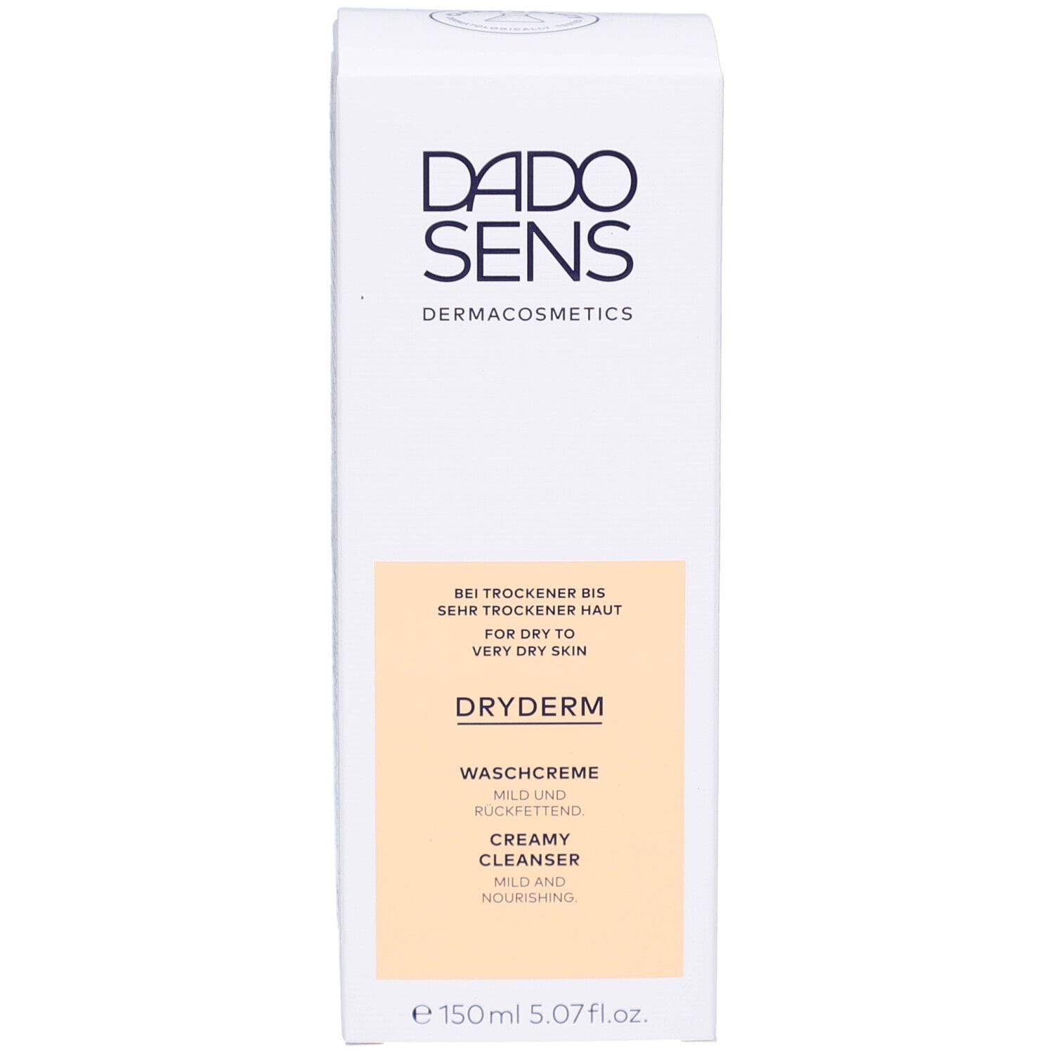 Emballage blanc avec logo DADOSENS et inscription DRYDERM. Texte: Pour peaux sèches à très sèches. 150ml.