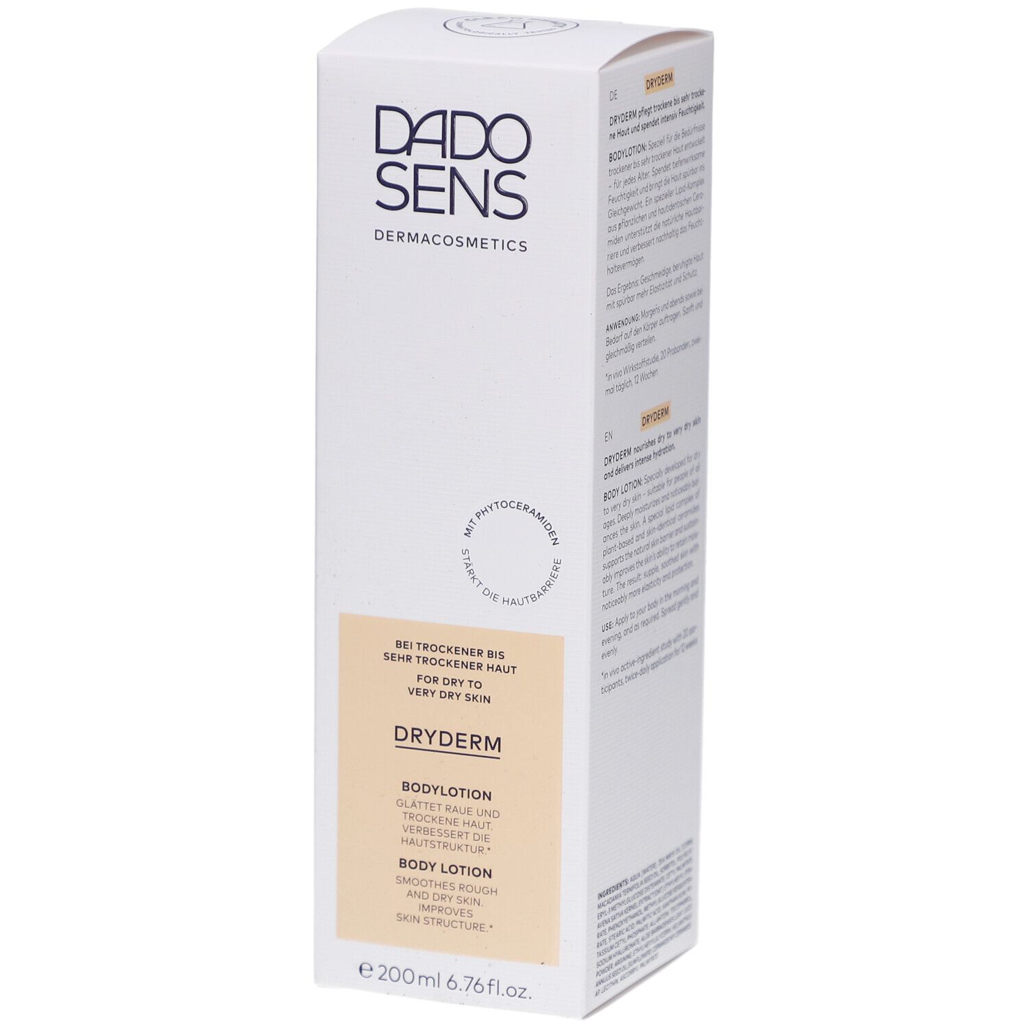 Emballage de DADOSENS DRYDERM Bodylotion. Boîte blanche avec informations et logo. Inscription: DRYDERM, Bodylotion.