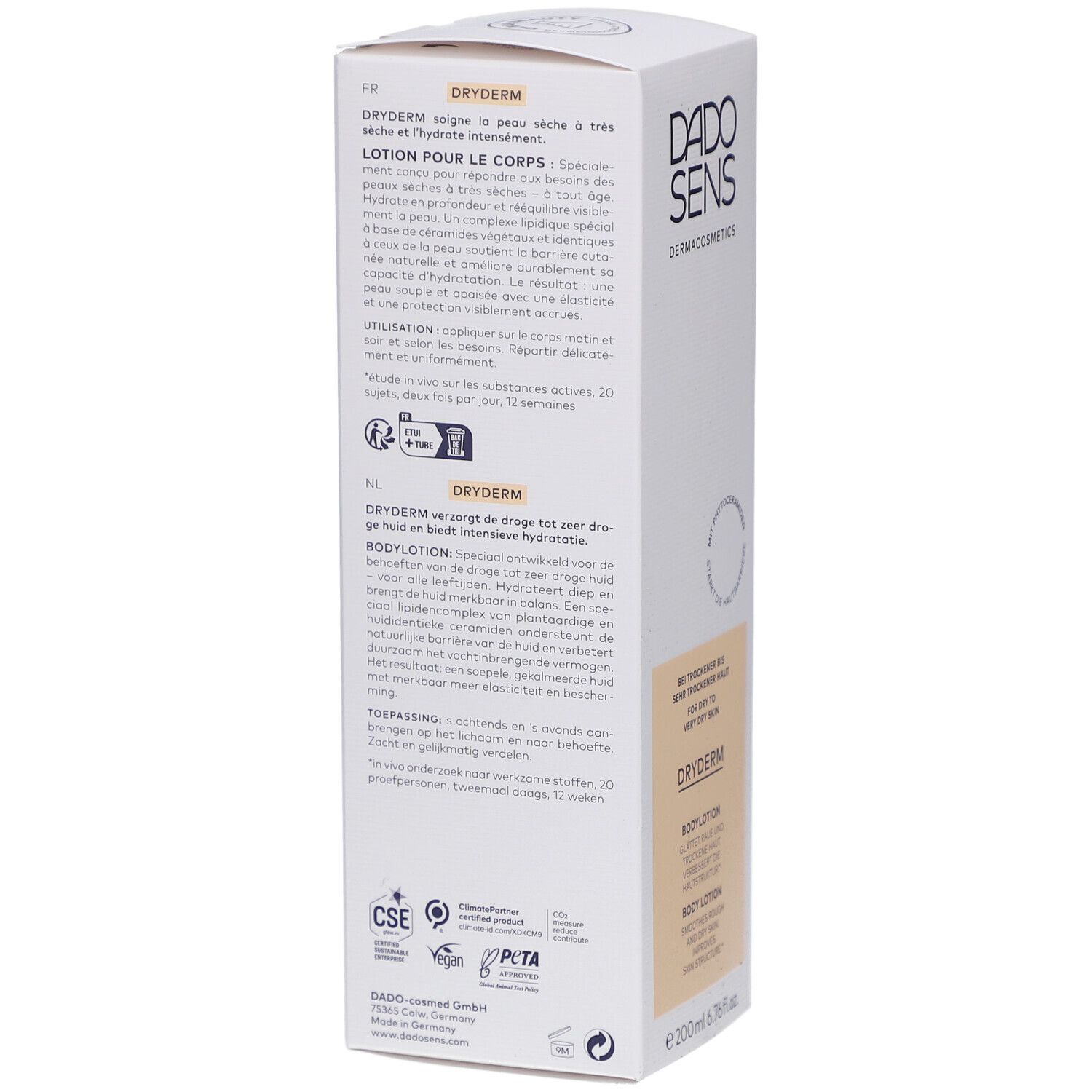 Dos de l'emballage de DADOSENS DRYDERM Bodylotion. Texte multilingue. Logos de certifications.